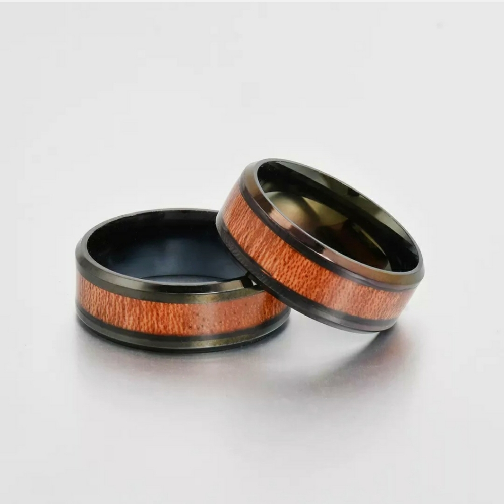Black Tungsten Wood Inlay 8mm Wide Bevel Edge Band Ring